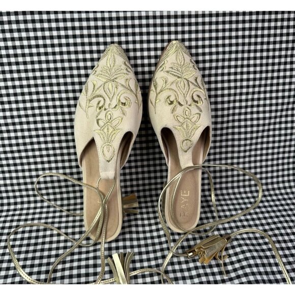 Raye Shoes - RAYE Cream Suede Gold Embroidered Lace Up Mules Pointed Toe Tassel Heels Size 7